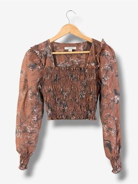 Allsaints Pria Viola Smocked Top Size US 6 Brown Bird Floral Semi Sheer Boho